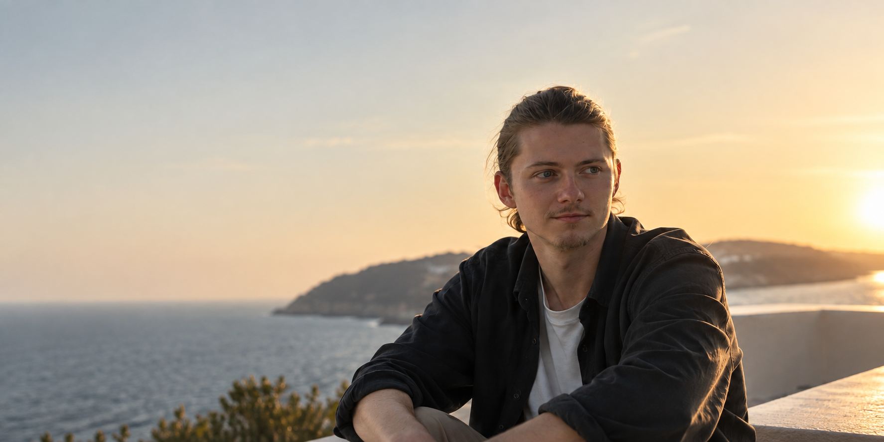 Portrait of Illia Kryvoshchenkov overlooking the Mediterranean at sunset